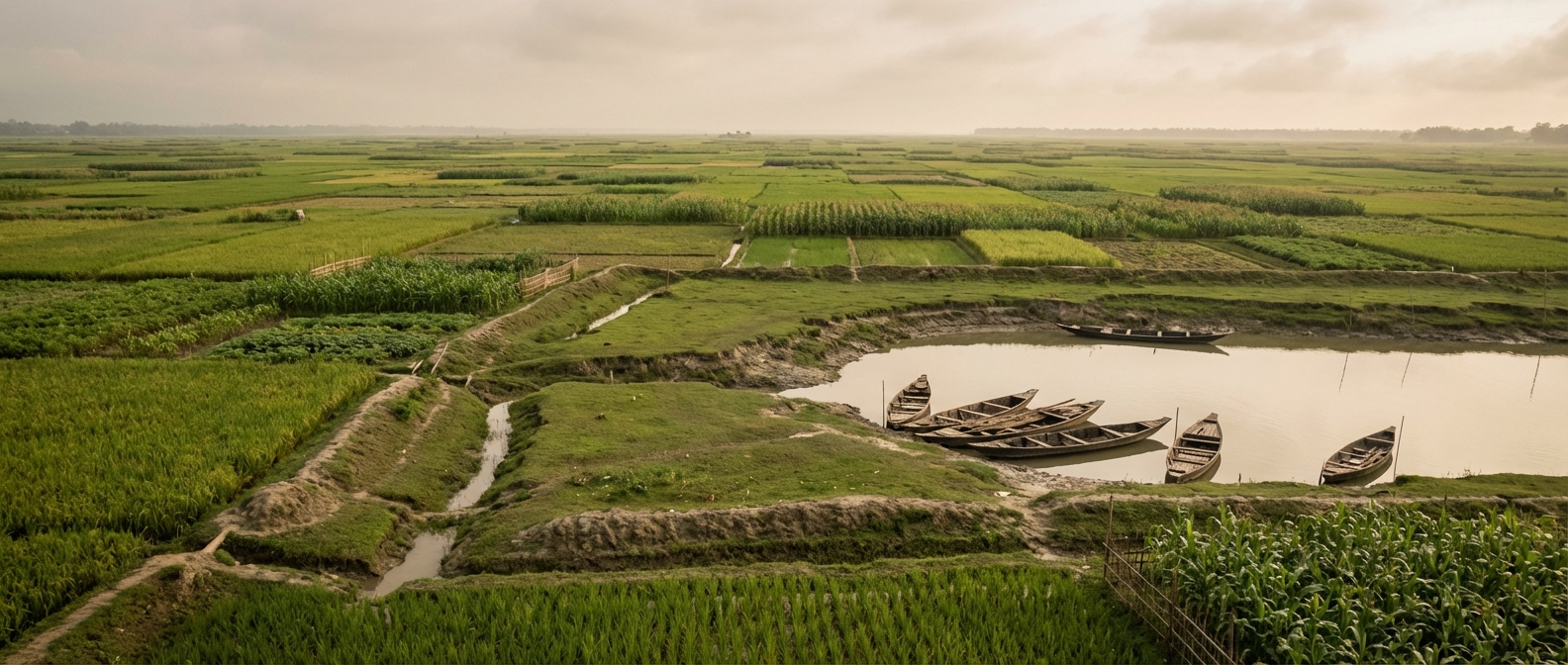 Terraced agriculture in a river valley landscape