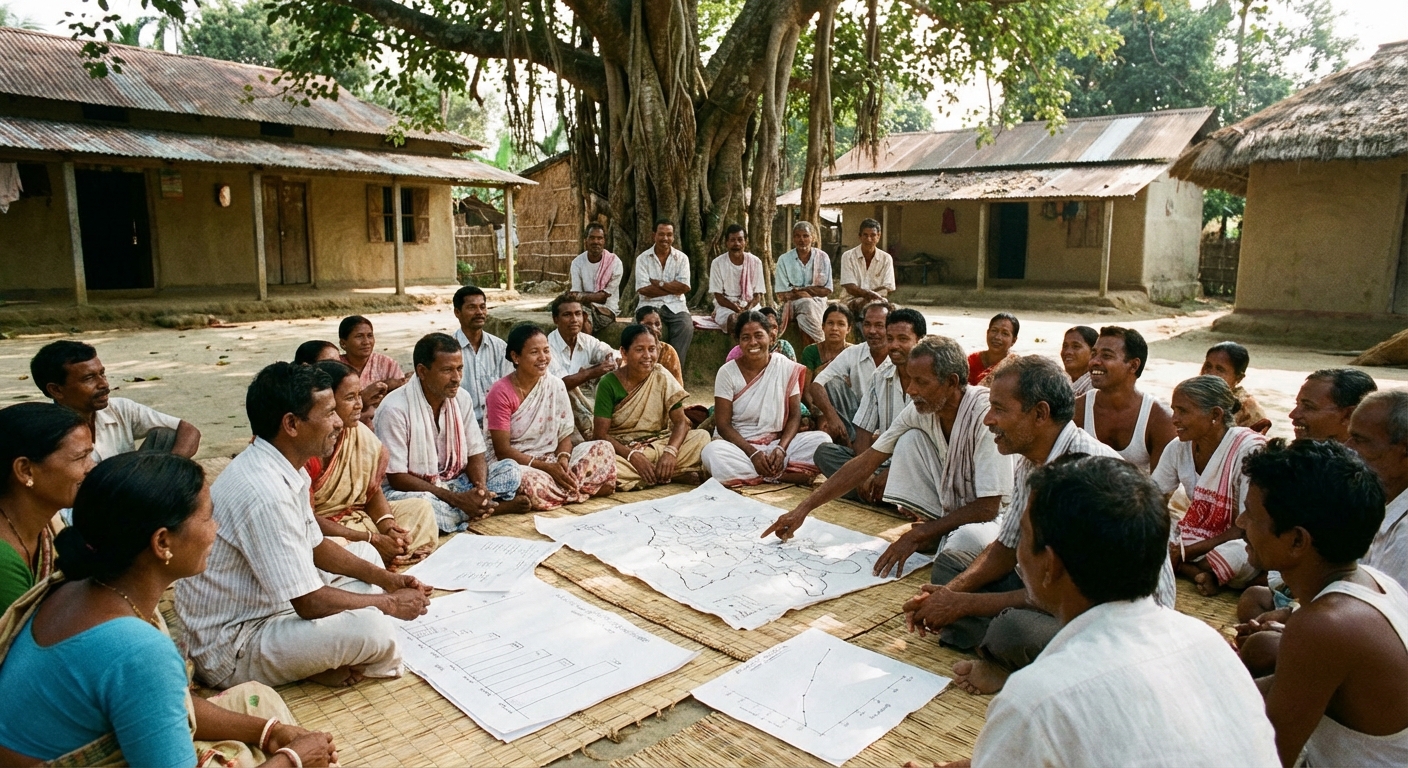 Community members gathered for a village planning session