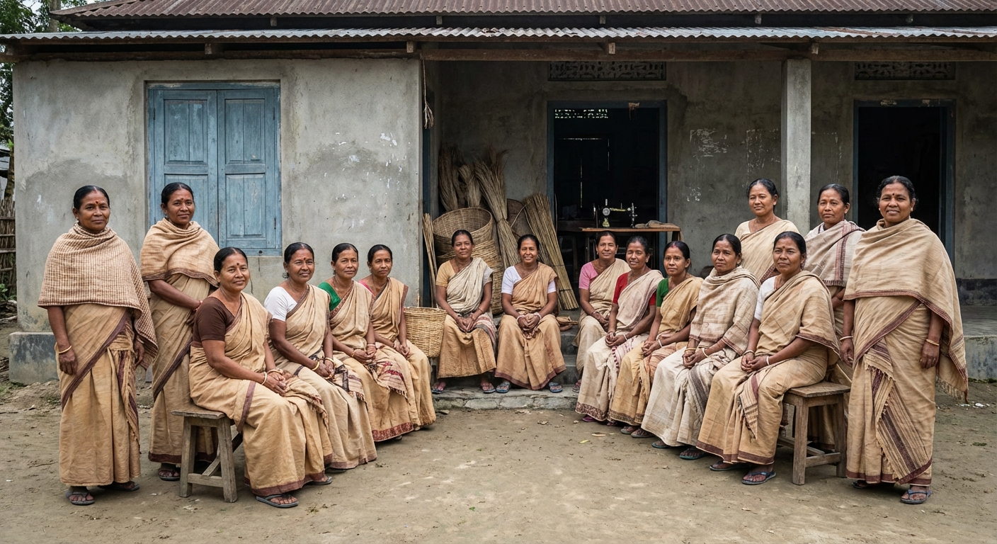 Women from a self-help group standing together in rural Assam